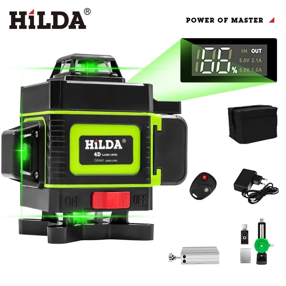 Nível a laser HILDA 16 linhas verde 4D 360 com display digital bateria recarregável controle remoto